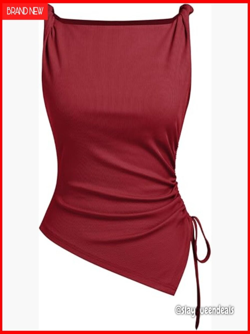 Sleeveless Boat Neck Crop Tank Top with Ruched Side Detail Asymmetrical Hem